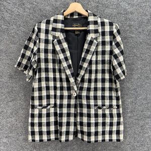 Requirements Blazer Women 12P Petite Black Plaid One Button Linen Lined Collared